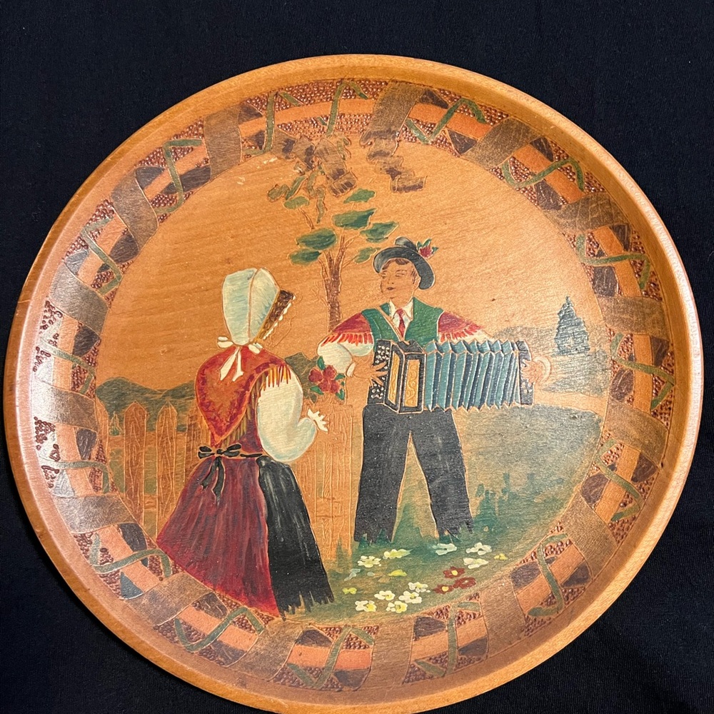 Vintage Decorative Wooden Plate with Folk Art